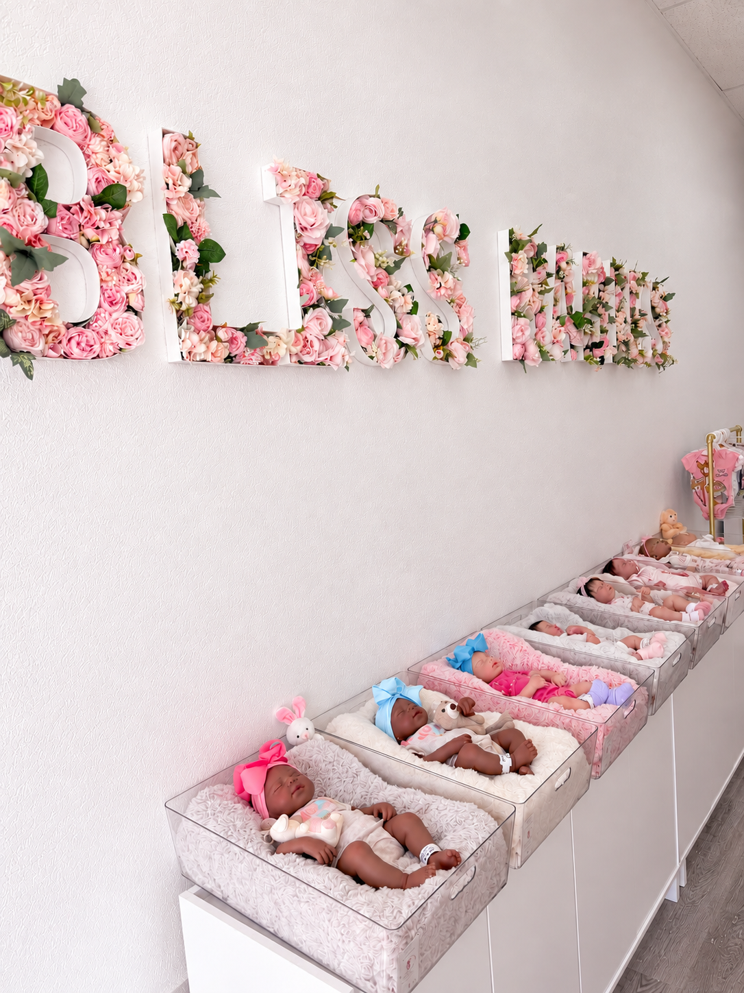 Bliss Babies nursery display with reborn dolls in bassinets
