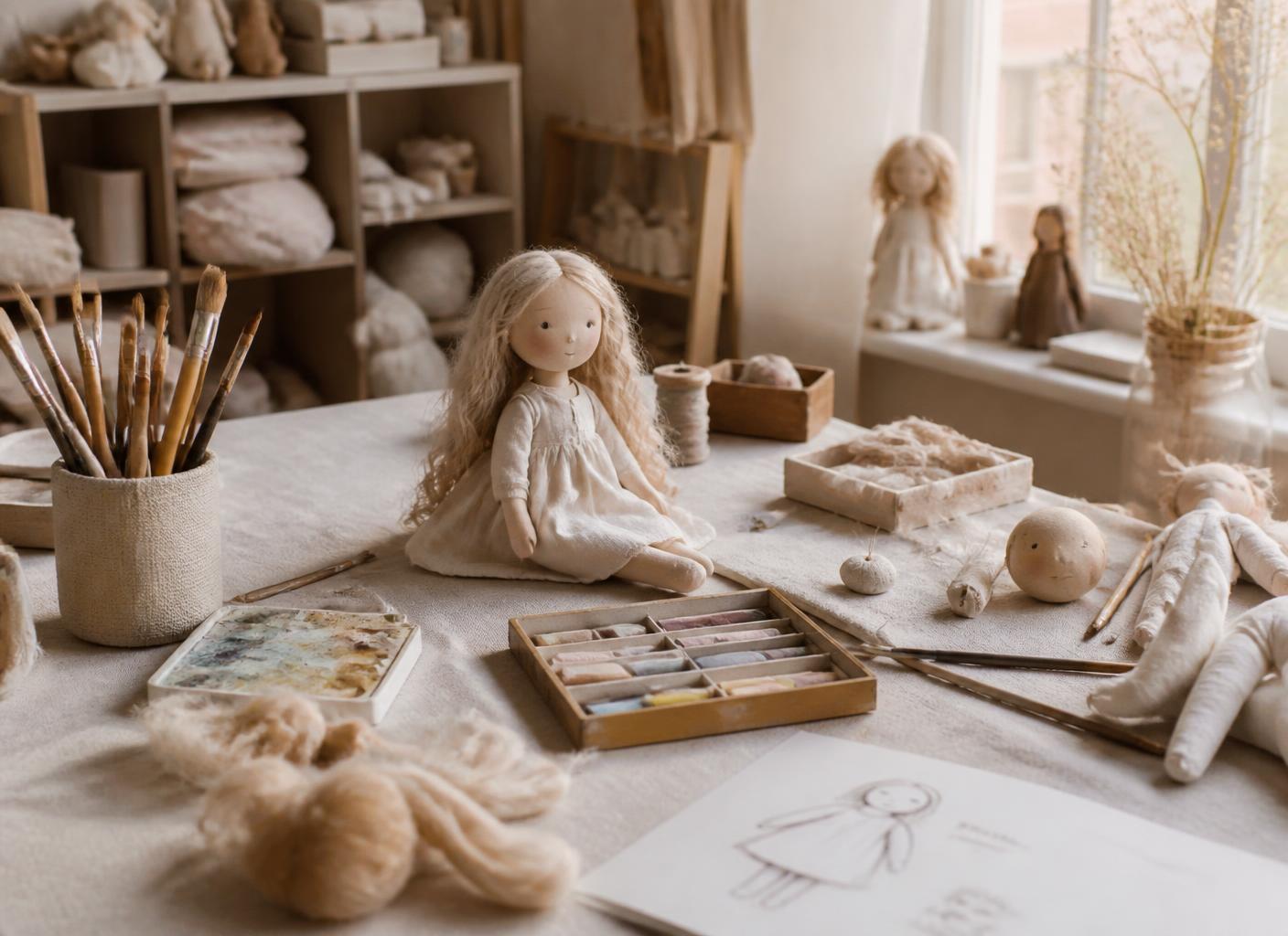 Doll-making atelier with brushes, pastels and mohair on a linen table